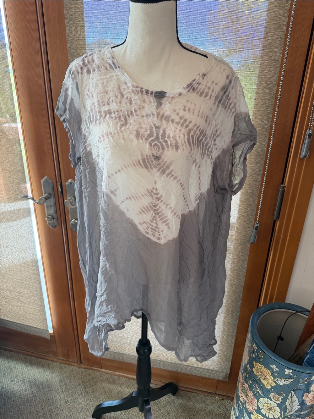 100% silk gauze top tunic mini dress tie dye grey white gray sheer short new
